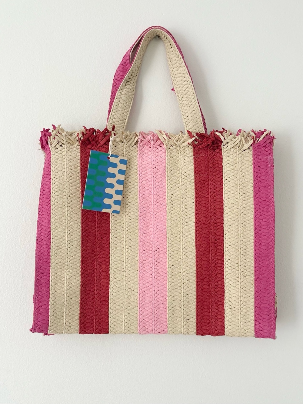 Mister Zimi NEW Pink Red Straw Striped Summer Tote Bag In Sorbet - Picture 4 of 7